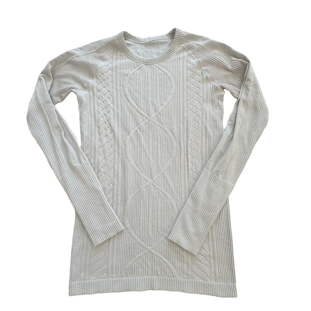 Lululemon Light Grey Cable Stretch Performance Top Shirt Thumb Holes 6